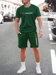 Men's urban street fashion crew neck short sleeve suit in green, featuring casual comfortable design with eye-catching appliques.