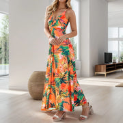 Neck Slim Sleeveless Maxi Floral Sexy Backless Hawaii Dresses