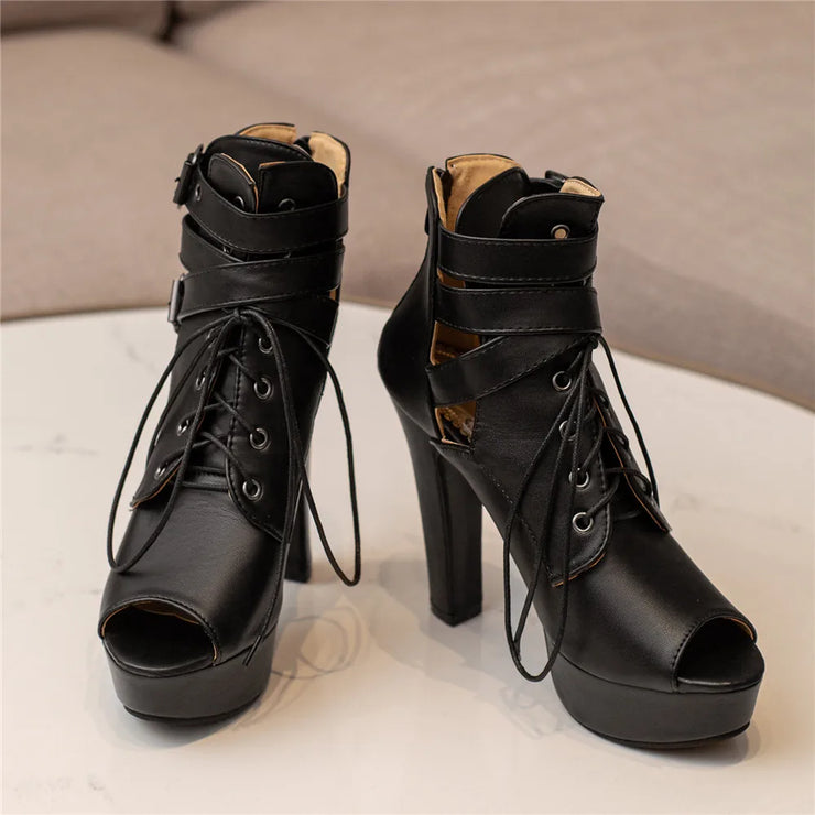 Women Peep Toe Ankle Platform Lace Up High Heels Boots