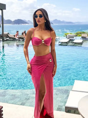 Women's 3 Piece Bikini Set Spaghetti Strap Swimsuit Sexy High Split Long Skirt Beachwear Polyester Bathing Suit
