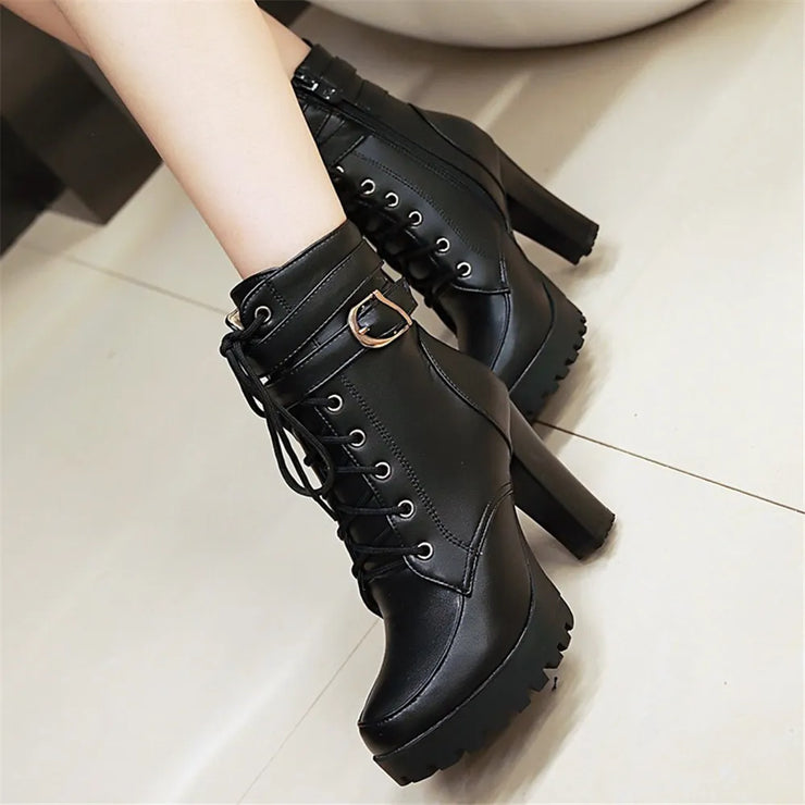 Women Motorcycle  High Heel Platforms Sexy Botas Buckle White