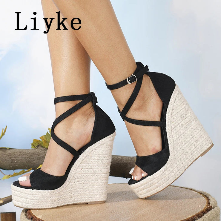 Women Platform Wedge Sandals Sexy  Thick Bottom Open Toe Buckle Strap Black High Shoes