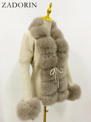 Women Luxury Knit Winter Elegant Detachable Fur Cardigan Korea Style Sweater