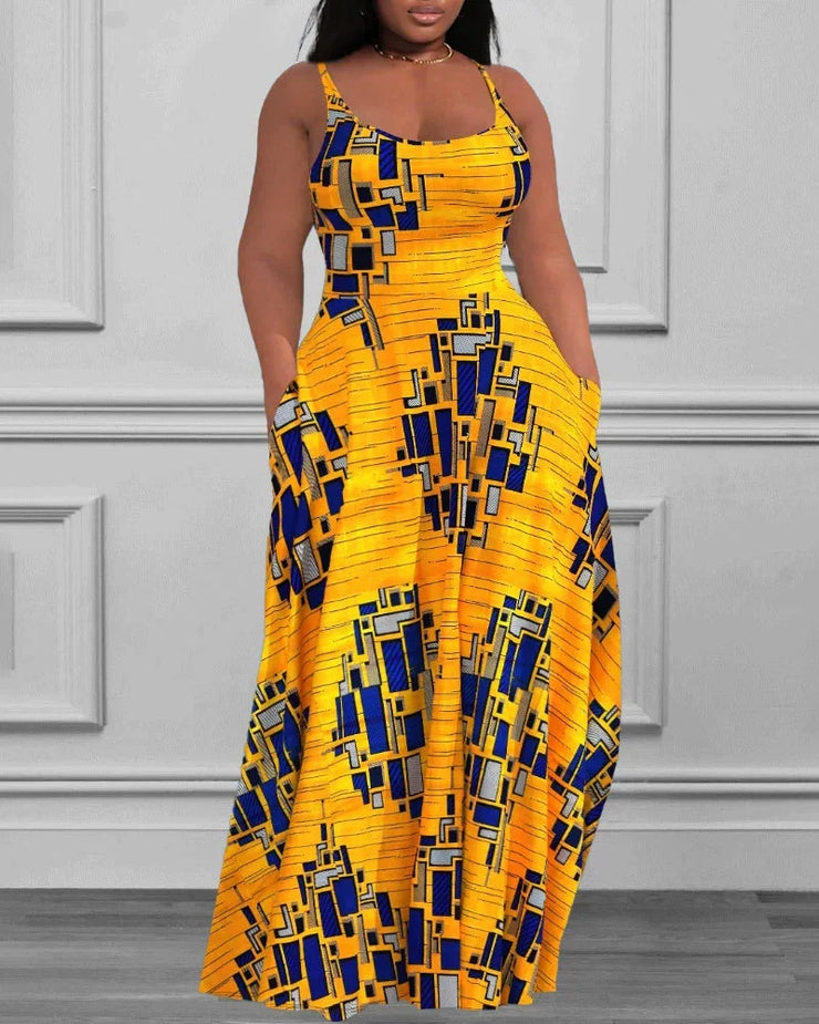 Women plus size casual tank dress with yellow geometric print, sleeveless, and floor-length design.