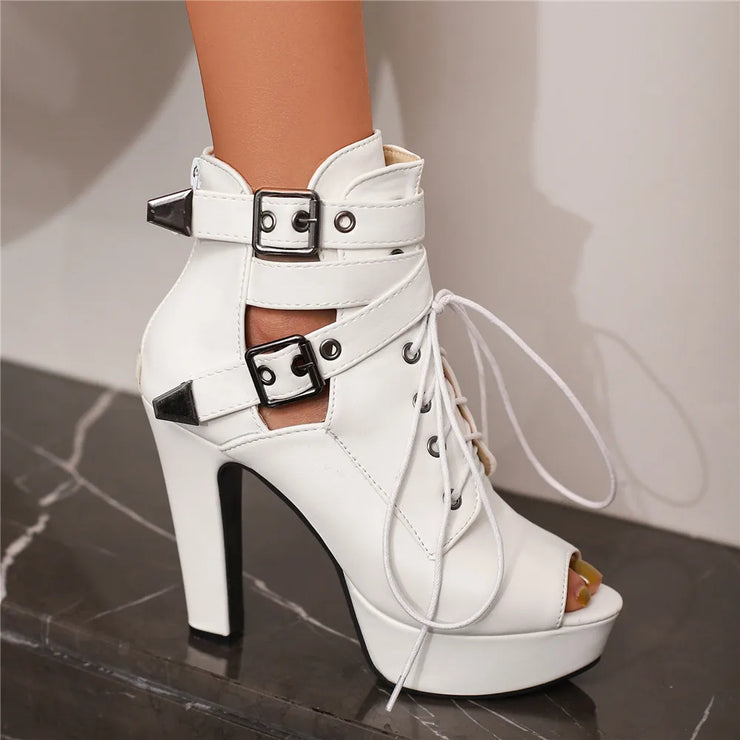 Women Peep Toe Ankle Platform Lace Up High Heels Boots