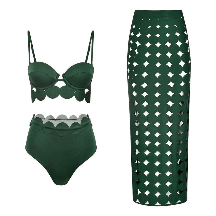 3Pcs Laser Cut Swimsuit Women Sexy Bikini Push Up Swimwear High Waisted Biquini Female Hollow Bathing Suit Bodysuit Beachwear