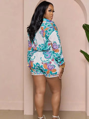 Casual 2 pieces set for women with flower print long sleeve shirt and elastic waist shorts.