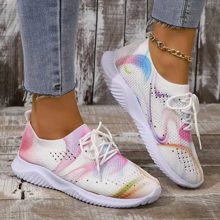 Women Mix Color Mesh Knitted Sneakers Autumn Lightweight Breathable Soft Sole Running Shoes Woman Slip on Flats Sock Shoes