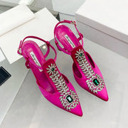 Ladies Rhinestone Pointed Toe Stiletto High Heels Satin Gemstone Ankle-Wrap Buckle Strap  Fairy Pump