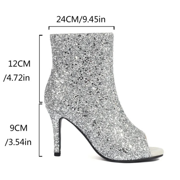 Women Thin High-Heeled Open Toe Zipper Golden Sequins Ankle Boots