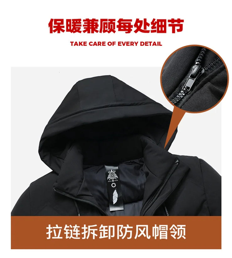 Men Long Parkas Coat Solid Slim Fit Warm Thicken Jacket. Outwear Windproof Coat Hooded Cotton-padded Zipper