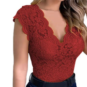 Lace sleeveless blouse with V-neck and hollow out design, in red, made from cotton and polyester.