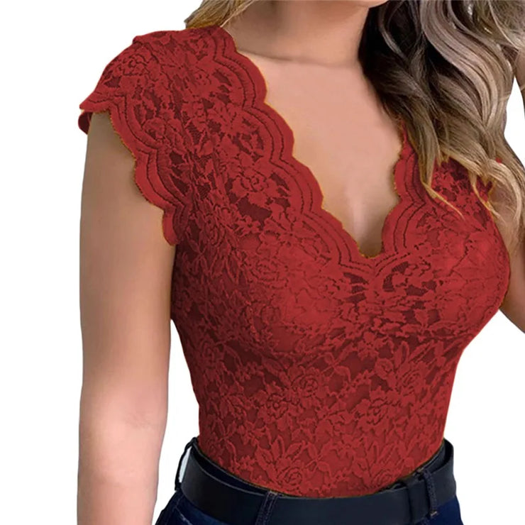 Lace sleeveless blouse with V-neck and hollow out design, in red, made from cotton and polyester.