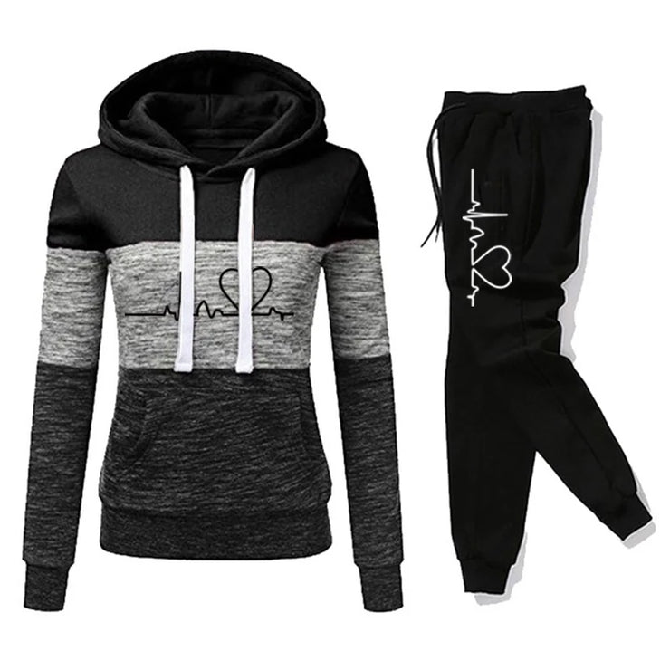 Women Tracksuit Printing Hooded Sweatshirt Sweatpant Color Block Versatile , Jogging Pullovers Sport Trousers Outfits S-3XL