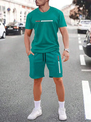 Men's urban street fashion crew neck short sleeve suit in teal with simple polyester design.