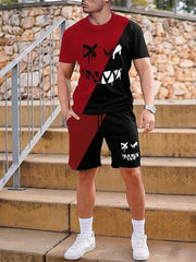 Men's urban street fashion crew neck short sleeve suit with simple design and appliques.