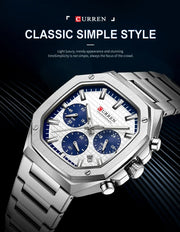 Luxury Sports Men's Quartz Watch with steel construction, waterproof chronograph, and luminous hands.