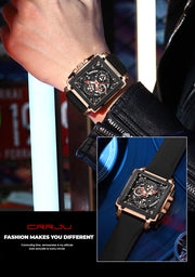 CRRJU Fashion Sports Watch Large Dial Unique Rectangular Hollow Design Quartz Wristwatch with Chronograph Auto Date Silicone Band