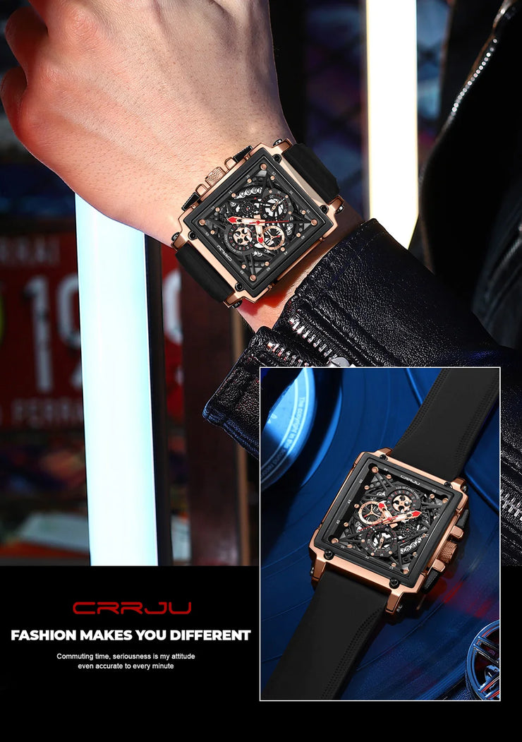 CRRJU Fashion Sports Watch Large Dial Unique Rectangular Hollow Design Quartz Wristwatch with Chronograph Auto Date Silicone Band