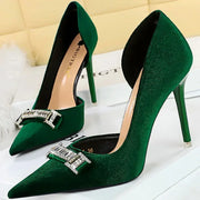 Women's Vintage Velvet Pumps 10.5cm High Heels Shallow Pointed Toe with Crystal Buckle for Banquet