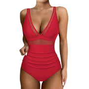 Women's Sexy Mesh Splicing Solid One-Piece Bikini Swimwear Wire-Free Support High-Waist Comfortable Fit