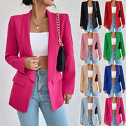 Spring Women's Solid Polyester Cotton Blazer Long Sleeve Slim Fit Office Lady Jacket with Pockets Fashionable Outerwear