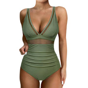 Women's Sexy Mesh Splicing Solid One-Piece Bikini Swimwear Wire-Free Support High-Waist Comfortable Fit