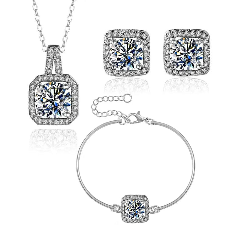 Gold-color premium stainless steel jewelry square zircon pendant 4-piece jewellry set for Bridal Wedding