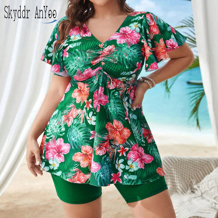 plus Size Printed Tankini Swimsuit High Waist Eye Catching  Comfortable Fit Floral Pattern