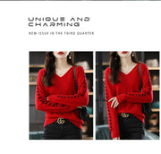 Women Pure Wool  V-Neck Stitching Long-Sleeved Autumn Winter Pullover Loose Knitted Cashmere Sweater