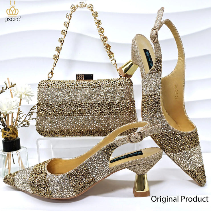 Nigerian Women Heel  Italian Design Shoes And Bag Set Decorated with Rhinestone