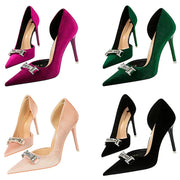 Women's Vintage Velvet Pumps 10.5cm High Heels Shallow Pointed Toe with Crystal Buckle for Banquet