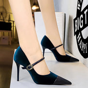 Korean Velvet High Heels Women's Pumps 10cm 7cm Thin Heel Pointed Toe Metal Buckle Shallow Montage Party Shoes