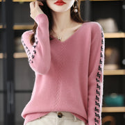 Women Pure Wool  V-Neck Stitching Long-Sleeved Autumn Winter Pullover Loose Knitted Cashmere Sweater