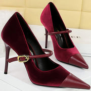 Korean Velvet High Heels Women's Pumps 10cm 7cm Thin Heel Pointed Toe Metal Buckle Shallow Montage Party Shoes