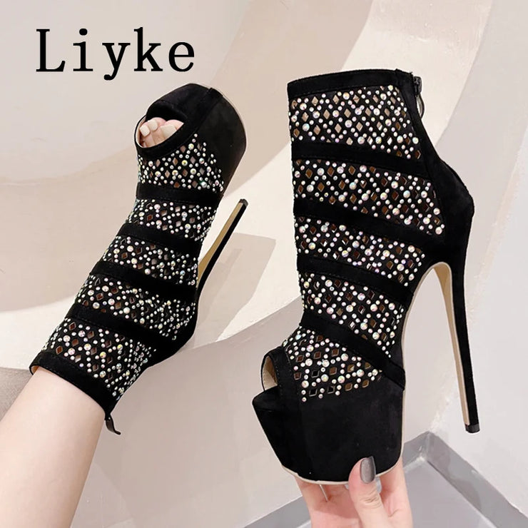 Women  Sexy Peep Toe Platform Boots Crystal Rhinestone Mesh Ankle Booties Extreme High Heels