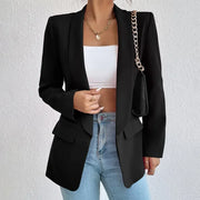 Spring Women's Solid Polyester Cotton Blazer Long Sleeve Slim Fit Office Lady Jacket with Pockets Fashionable Outerwear