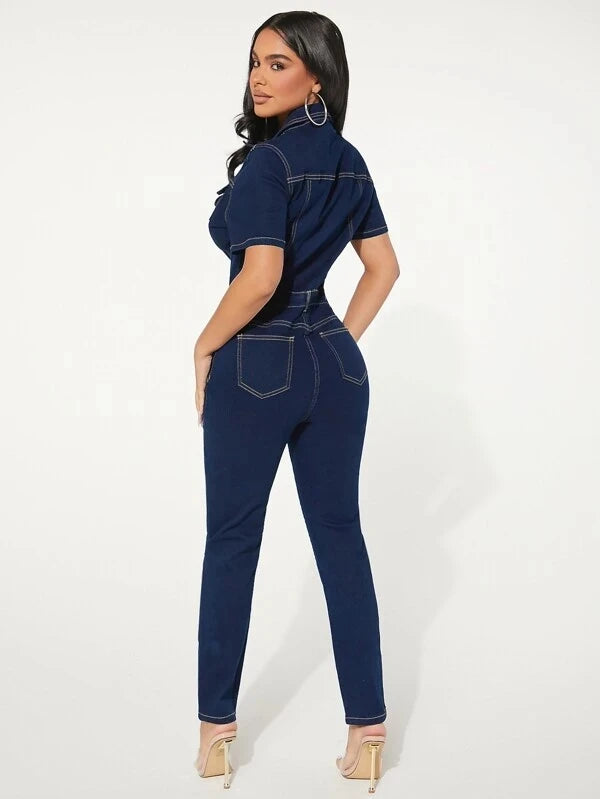 Elegant Stretch Denim Jumpsuit for Women Sexy Turn Down Collar