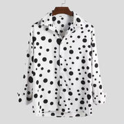 Men's cotton-linen two-piece set with a polka dot button-up shirt, long sleeves, and matching shorts, ideal for beachwear.