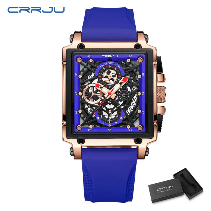 CRRJU Fashion Sports Watch Large Dial Unique Rectangular Hollow Design Quartz Wristwatch with Chronograph Auto Date Silicone Band