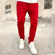 Men's Autumn Solid Color Sports Pants Stretch Slim Fit Cotton Zipper Pocket Drawstring Casual Running Fashion Trousers