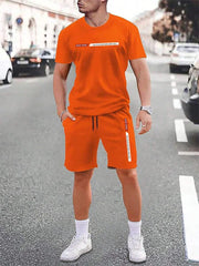 Men's urban street fashion crew neck short sleeve orange suit with appliques, polyester sweatshirt for casual or workout wear.
