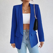 Spring Women's Solid Polyester Cotton Blazer Long Sleeve Slim Fit Office Lady Jacket with Pockets Fashionable Outerwear