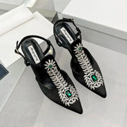 Ladies Rhinestone Pointed Toe Stiletto High Heels Satin Gemstone Ankle-Wrap Buckle Strap  Fairy Pump