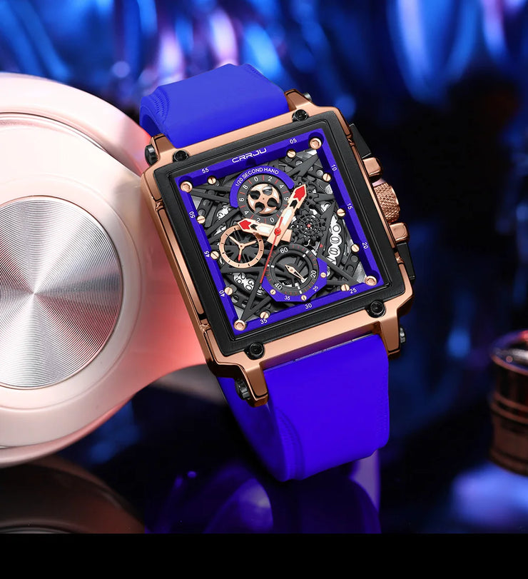 CRRJU Fashion Sports Watch Large Dial Unique Rectangular Hollow Design Quartz Wristwatch with Chronograph Auto Date Silicone Band