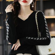 Women Pure Wool  V-Neck Stitching Long-Sleeved Autumn Winter Pullover Loose Knitted Cashmere Sweater