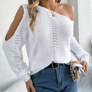 Autumn Winter Sexy Slanted Shoulder Sweater Woman Elegant Solid Color Loose Hollow Out Jumpers Casual Irregular Knitted Sweaters