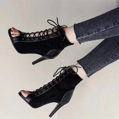 Black Summer High Heels Ankle Boots Peep Toe Lace