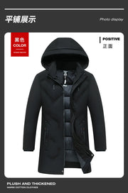 Men Long Parkas Coat Solid Slim Fit Warm Thicken Jacket. Outwear Windproof Coat Hooded Cotton-padded Zipper