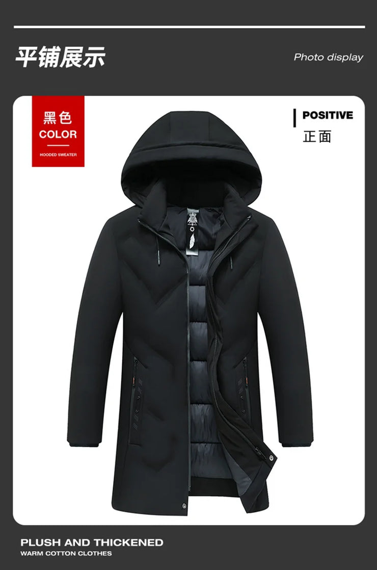 Men Long Parkas Coat Solid Slim Fit Warm Thicken Jacket. Outwear Windproof Coat Hooded Cotton-padded Zipper